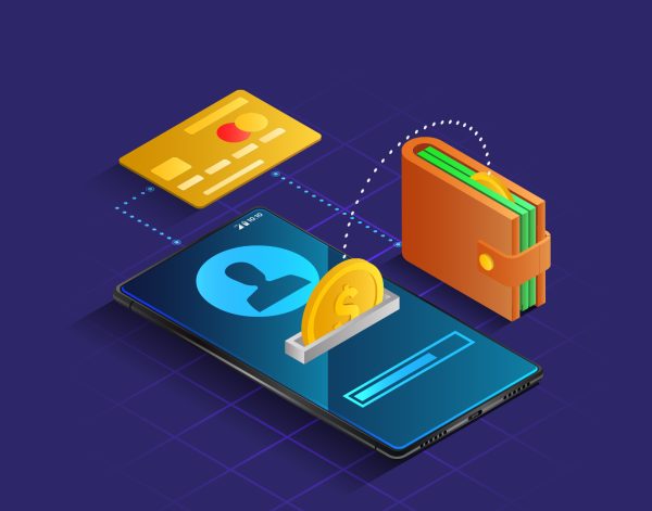 3d isometric web banner wallet and credit card connected and transfer money to smartphone. E-wallet and mobile payment landing page concept.